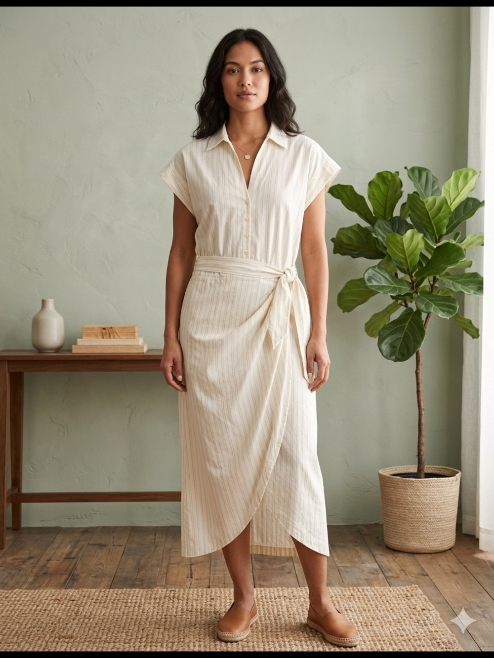 NWOT Universal Thread Cream Striped Short-Sleeve Wrap Midi Dress